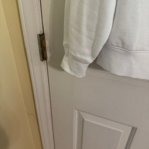 Victoria's Secret PINK Varsity Off-the-Shoulder Sweatshirt in White w/Blue Logo - Picture 5 of 7